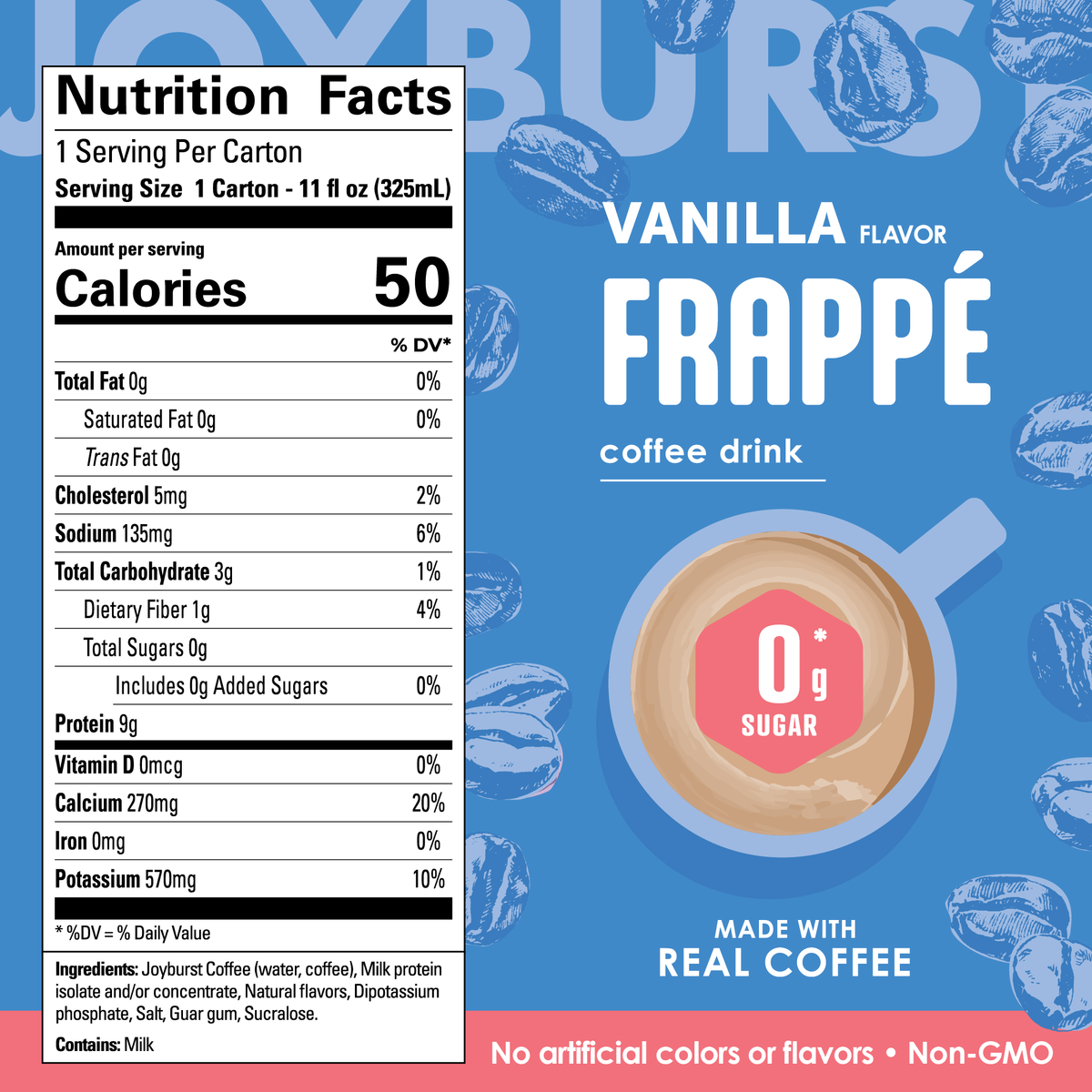 Vanilla frappe coffee drink carton with nutrition facts label on a blue background